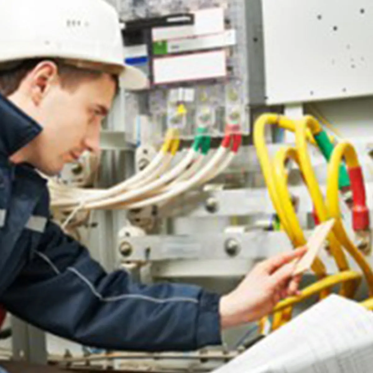 Technik przy szafie elektrycznej podczas przeglądu instalacji.